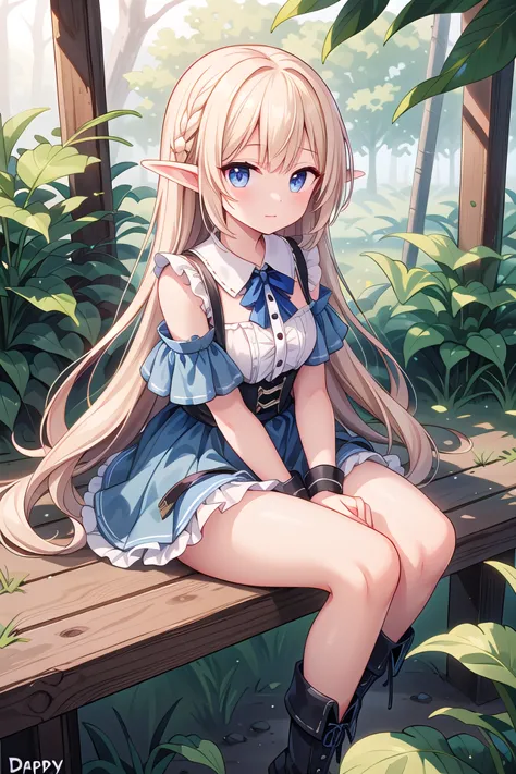 anime girl sitting on a bench in the woods with her legs crossed