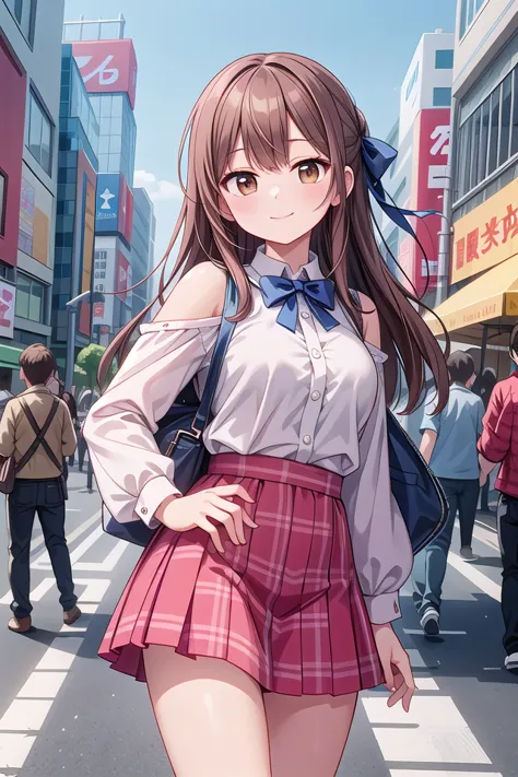 anime girl in a school uniform walking down a busy street