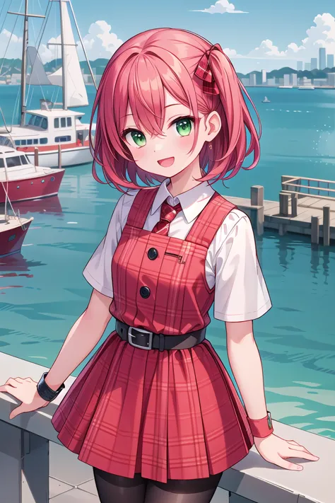 anime girl in red dress standing on a pier with boats in the background