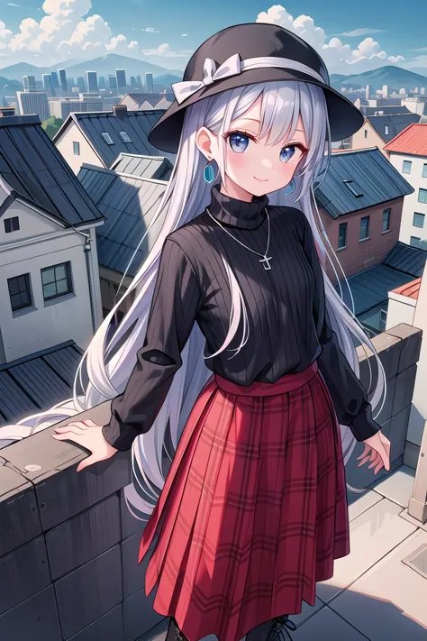 anime girl with long white hair and a black hat standing on a roof