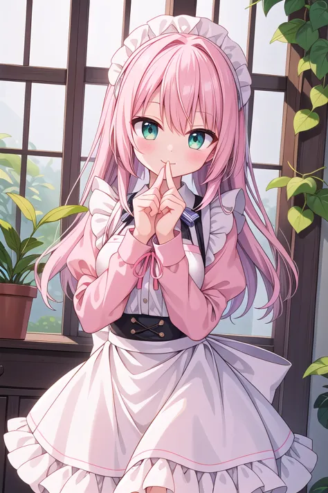 insanely detailed, absurdres, ultra-highres, ultra-detailed, best quality,
1girl, solo, nice hands, perfect hands,
BREAK
apron, blush, bow, bowtie, frilled apron, frills, long sleeves, maid, maid apron, maid headdress, waist apron, white apron
BREAK
smile, closed mouth
BREAK
finger to mouth, index finger raised, shushing, cowboy shot, looking at viewer,
BREAK
slender, kawaii, perfect symmetrical face, ultra cute girl, ultra cute face, ultra detailed eyes, ultra detailed hair, ultra cute, ultra beautiful,
BREAK
day, flower, ivy, leaf, indoors, open door, plant, potted plant, vines, window,
BREAK
white (pink:1.2) hair, green eyes, long hair, medium breasts, bangs, eyebrows visible through hair,