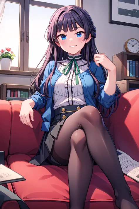 anime girl sitting on a red couch with a laptop