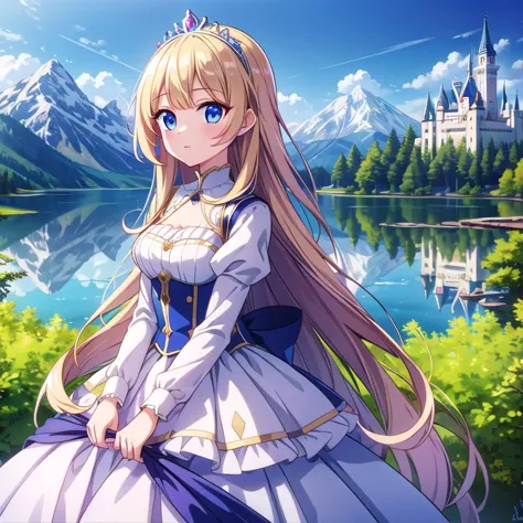 masterpiece, best quality,ultra detail, <lora:anmnr01:0.3>  <lora:add_detail:0.5>,1girl,princess,tiara,luxury dress,blond hair,mountain,castle,lake,looking at viewer,close up