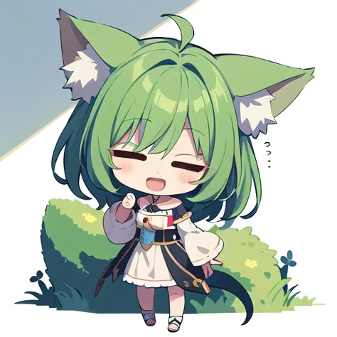 a close up of a cartoon character with green hair and a cat ear