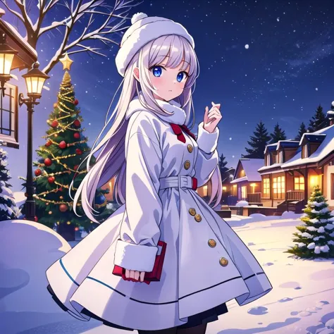 a woman in a white coat standing in front of a christmas tree