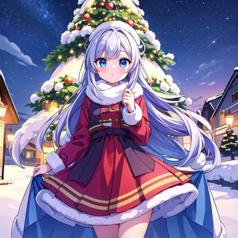 masterpiece, best quality,ultra detail, <lora:anmnr01:0.3>  <lora:add_detail:0.5>,1girl,winter dress,looking at viewer,snow town,winter,snow,illumination,christmas tree,evening,large tree,galaxy