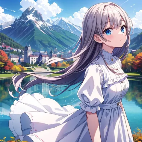 masterpiece, best quality,ultra detail, <lora:anmnr01:0.3>  <lora:add_detail:0.5>,1girl,mountain,lake,white dress,looking at viewer,cloud,town,strong wind,autumn