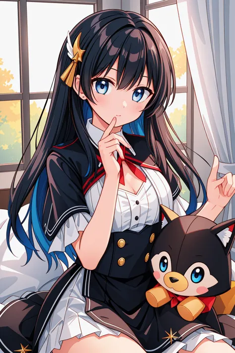 anime girl with long black hair sitting on bed with stuffed animal