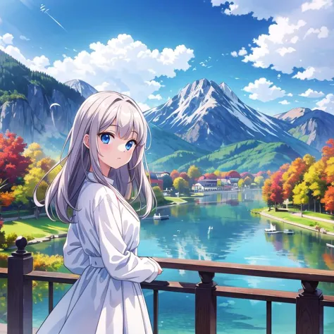 masterpiece, best quality,ultra detail, <lora:anmnr01:0.3>  <lora:add_detail:0.5>,1girl,mountain,lake,white dress,looking at viewer,cloud,town,strong wind,autumn