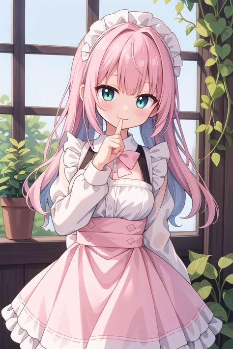 insanely detailed, absurdres, ultra-highres, ultra-detailed, best quality,
1girl, solo, nice hands, perfect hands,
BREAK
apron, blush, bow, bowtie, frilled apron, frills, long sleeves, maid, maid apron, maid headdress, waist apron, white apron
BREAK
smile, closed mouth
BREAK
finger to mouth, index finger raised, shushing, cowboy shot, looking at viewer,
BREAK
slender, kawaii, perfect symmetrical face, ultra cute girl, ultra cute face, ultra detailed eyes, ultra detailed hair, ultra cute, ultra beautiful,
BREAK
day, flower, ivy, leaf, indoors, open door, plant, potted plant, vines, window,
BREAK
white (pink:1.2) hair, green eyes, long hair, medium breasts, bangs, eyebrows visible through hair,