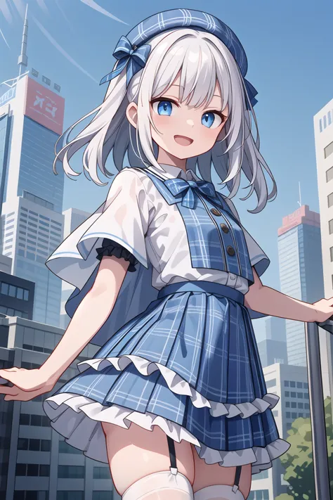 (cleavage:-1.5), insanely detailed, absurdres, ultra-highres, ultra-detailed, best quality,
1girl, solo, nice hands, perfect hands,
BREAK
(gothic drress, Idol costume:1.3), (blue and white theme:1.2), (white blouse:1.4), (white collar, tie:1.3), (open short-cape:1.3), (short sleeve:1.2), (blue tartan-check pattern (ruffle-skirt, multilayer-skirt):1.4), (white basque-beret with ribbon:1.3), (Fishnet stockings:1.3), (glove:1.2), (cleavage:-1.5)
BREAK
happy smile, laugh, open mouth,
standing,own hands together,
cowboy shot,
BREAK
slender, kawaii, perfect symmetrical face, ultra cute girl, ultra cute face, ultra detailed eyes, ultra detailed hair, ultra cute, ultra beautiful,
BREAK
cityscape in tokyo, ultra detailed background, blue sky, bay side, panorama view,
medium breasts, white hair, blue eyes