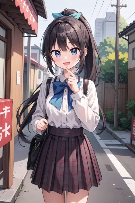 anime girl in school uniform standing on a street corner