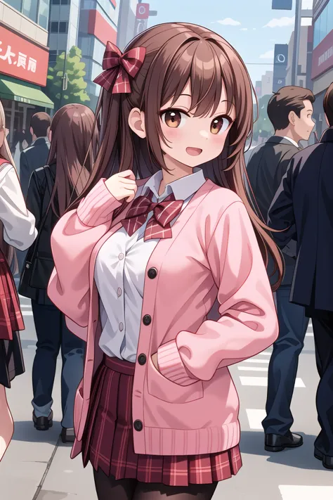 anime girl in school uniform standing in a crowded street