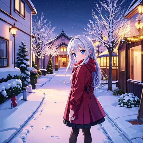 masterpiece, best quality,ultra detail, <lora:anmnr01:0.3>  <lora:add_detail:0.5>,1girl,winter dress,looking at viewer,snow town,winter,snow,illumination,christmas tree,evening