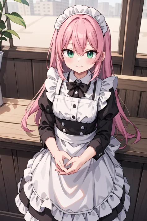 anime girl in maid outfit sitting on a window sill