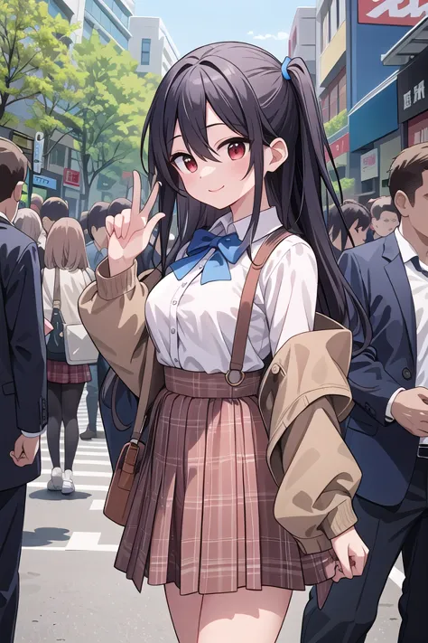 anime girl in school uniform walking down a busy street