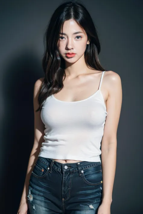 1girl, black hair, white camisole, jeans, (isolated on dark-grey background:1.2), dynamic pose, (low key lighting:1.2), shot on Canon EOS 5D, 
<lora:kkaimukV1:0.6>, best quality, ultra high res, (photorealistic:1.4), masterpiece, real life skin, hyper real...