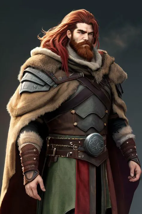 a man with red hair and a beard wearing a brown and green outfit