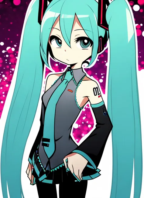 masterpiece, best quality, solo, hatsune miku, shiny skin, standing, detailed background 