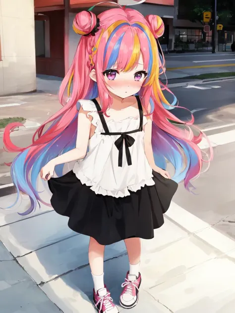 kawaii petit child childish 1girl 8years old shiny hair, skindantation flat chest

hazel eyes, 

clear multicolored hair, 
 very long hair , 
single hair bun, 
 streaked hair , 
asymmetrical bangs, 
 sideburns , 

angry, 
 nose blush , 
  

 black sundress, white blouse  sneakers, 

own hands together, looking up, Disney land