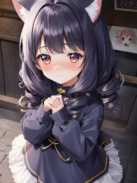 kawaii petit child childish 1girl 8years old shiny hair, skindantation flat chest

indigo eyes, 

dark iridescence hair, 
 medium hair , 
retriever hair, 
 drill hair , 
diagonal bangs, 
 hair flaps , 

wavy mouth, 
 nose blush , 
  

 yellow kigurumi  combat boots, 

own hands together, looking up, Sapporo