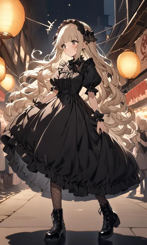 extremely quality extremely detailed, illustration, contrapposto, cute anime face cinematic lighting cinematic angle, lower eyelashes eyelashes, eyeliner, Gothic Frilled dress, long skirt, Headdress, bowknot, hair ornament, hair flower, black fishnet_pantyhose, garter straps, Lace, cross-laced footwear, frilled blouse, ribbon-trimmed sleeves, puffy sleeves, bloomers, Night Market
black eyes , 
pale blond hair, 
very long hair , 
retriever hair, 
wavy hair , 
hair over eyes, covered eyes, blunt bangs, 
hair flaps , 
Elated, 
blush , 
+++, face to tiptoe, looking away, From Front