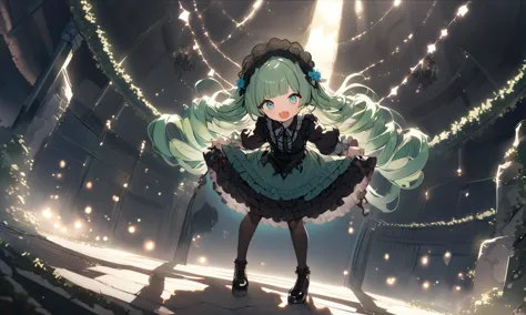 extremely quality extremely detailed, illustration, contrapposto, cute anime face cinematic lighting cinematic angle, lower eyelashes eyelashes, eyeliner, Gothic Frilled dress, long skirt, Headdress, bowknot, hair ornament, hair flower, black fishnet_pantyhose, garter straps, Lace, cross-laced footwear, frilled blouse, ribbon-trimmed sleeves, puffy sleeves, bloomers, Enchanted Gothic Garden
turquoise eyes odd eyes , 
pale green hair, 
very long hair , 
pixie cut, 
drill hair , 
hair over eyes, covered eyes, blunt bangs, 
hair flaps , 
smile fang, 
embarrassed , 
head_tilt standing  
+++, Birdfs Eye View, looking at another, From Up