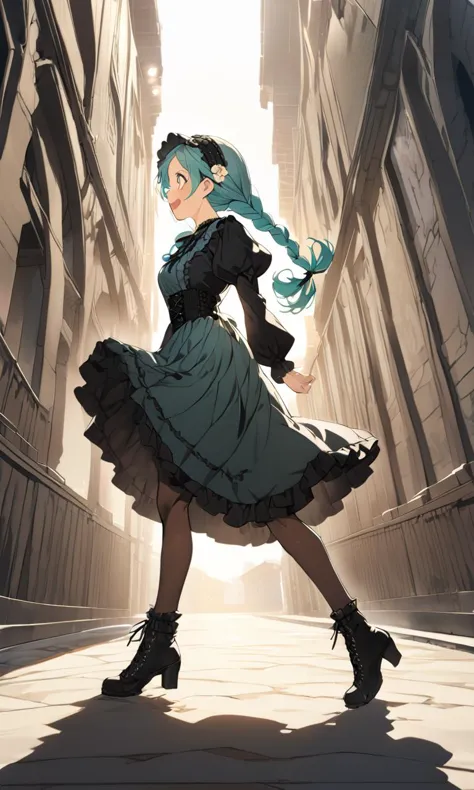 extremely quality extremely detailed, illustration, contrapposto, cute anime face cinematic lighting cinematic angle, lower eyelashes eyelashes, eyeliner, Gothic Frilled dress, long skirt, Headdress, bowknot, hair ornament, hair flower, black fishnet_pantyhose, garter straps, Lace, cross-laced footwear, frilled blouse, ribbon-trimmed sleeves, puffy sleeves, bloomers, River of the Dead
blond eyes odd eyes , 
- aqua hair, 
medium hair , 
twin braids, 
drill hair , 
asymmetrical bangs, 
sideburns , 
Excited, 
blush , 
+++, face to tiptoe, looking down, from side