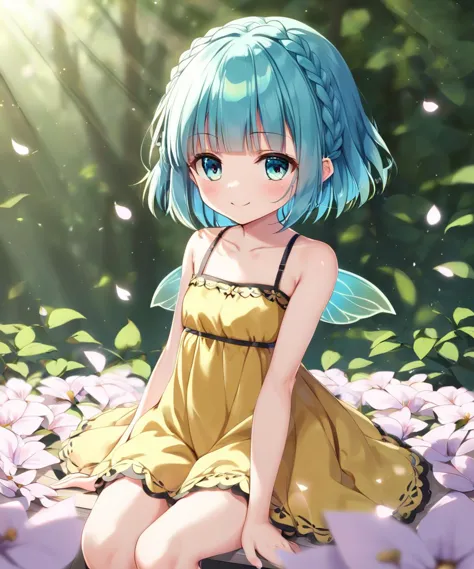 sitting flower, 1girl, petite , small beasts , skindentation, fairy, pale blue fairy_wing, miniature, small scale, micro_body_size, small_scale, petite, fairy_4wings, flat cheast, [[partially gradient multicolored hair]:rainbow], rainbow hair color, eyes visible through hair, amber dress, squinting eyes, smile, nature, +++ pale aqua eyes , pale turquoise hair, short hair , crown braid, long hair, , blunt bangs, , embarrassed ,  +++, +++ Sitting, leather chair ,hip focus, looking away, portrait, contrapposto, dynamic pose, cinematic lighting, daytime, warm light sunset, rays light, sparkles, lens flare, deep shadows, depth of field, peerless, sentimental, dancing petals, forest, wind , , floating hair, florting leaves blooma