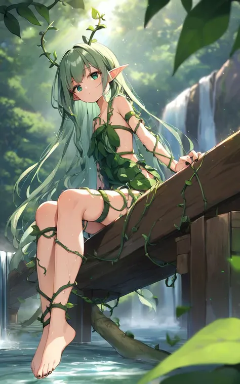 waterfall, river, anime color, 1girl, blooming , small beasts , skindentation, forest spirit, lop-eared mini pointy ears,  vine crown , short antlers, body vines strap, thigh vines strap, arm vines strap, green eyes, vivid green hair, very long hair, hair slicked back, hair_pulled_back, braided hair, floating hair, vines, pale green leaf dress leaf arms cover, black fingernails, , whiskers, +++ Sitting, On wooden railing ,from below, looking ahead, wide shot from above sitting, contrapposto, dynamic pose, cinematic lighting, river, waterfall, water sparkles, water splush, wet skin, forest, , river , floating hair, florting leaves blooma, daytime, warm light sunset, rays light, sparkles, lens flare, deep shadows, depth of field, peerless, sentimental, score_9, score_7_up, source_anime