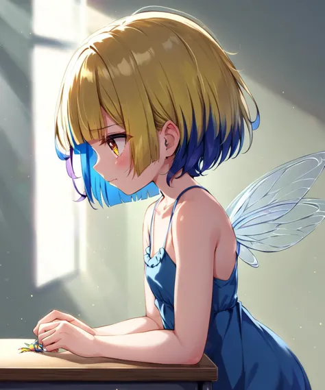 1girl, young , flat chest , skindentation, fairy, - vermilion fairy_wing, miniature, small scale, micro_body_size, small_scale, petite, fairy_4wings, flat cheast, [[partially gradient multicolored hair]:rainbow], rainbow hair color, eyes visible through hair, sky blue dress, Joyful, nature, +++ pale amber eyes , dark amber hair, short hair , mush cut hair, , hair over eyes, covered eyes, blunt bangs, sideburns , embarrassed ,  +++, +++ sitting on desk, desk ,on back, looking at another, Profile Shot, contrapposto, dynamic pose, cinematic lighting, daytime, strong light, glare, coming in light, rays light, sparkles, lens flare, caustics, golden hour, milky way, forest, , , floating hair, florting leaves blooma