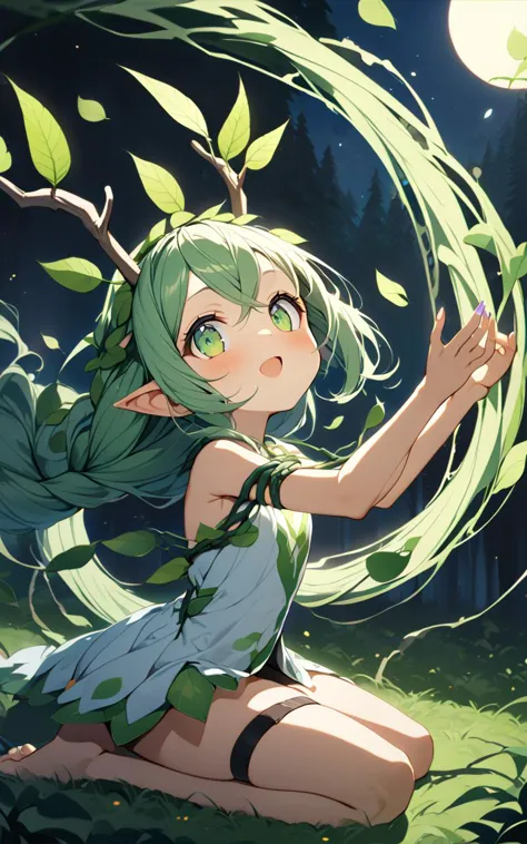 extremely quality extremely detailed, illustration, cute anime face, 1girl, petite , flat chest , skindentation, forest spirit, lop-eared mini pointy ears,  vine crown , short antlers, body vines strap, thigh vines strap, arm vines strap, green eyes, - green hair, very long hair, braided ponytail, shot hair, crossed bangs, braided hair, floating hair, vines, clear green leaf dress leaf arms cover, purple fingernails, , Jubilant, +++ sitting in seiza ,from side, look up to, portrait, contrapposto, dynamic pose, cinematic lighting, sunlit mountain, forest, wind , , floating hair, florting leaves blooma, nighttime, night, Gaslight, moon light, sight light, perfect darkness, perfect shadow