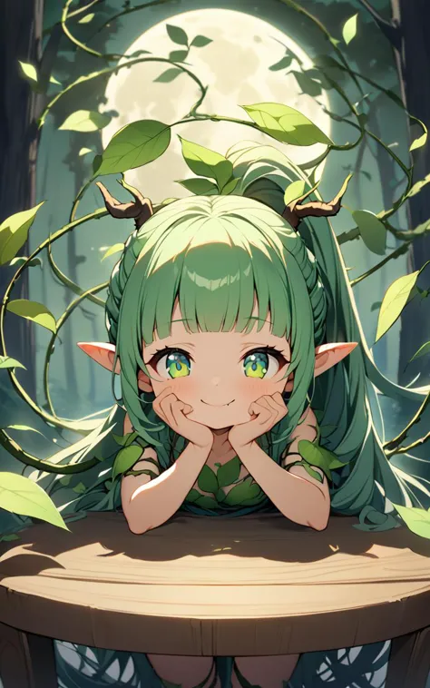 extremely quality extremely detailed, illustration, cute anime face, 1girl, child , medium breasts , skindentation, forest spirit, lop-eared mini pointy ears,  vine crown , short antlers, body vines strap, thigh vines strap, arm vines strap, green eyes, bright green hair, very long hair, ponytail hair, slicked back hair, blunt bangs, braided hair, floating hair, vines, deep green leaf dress leaf arms cover, sky blue fingernails, leaf pasties , smile, fang, +++ head rest on table, Sitting in a chair POV ,From a Distance, looking down, Wormfs Eye View, contrapposto, dynamic pose, cinematic lighting, moon halo, forest, , river , floating hair, florting leaves blooma, nighttime, night, Gaslight, moon light, sight light, perfect darkness, perfect shadow