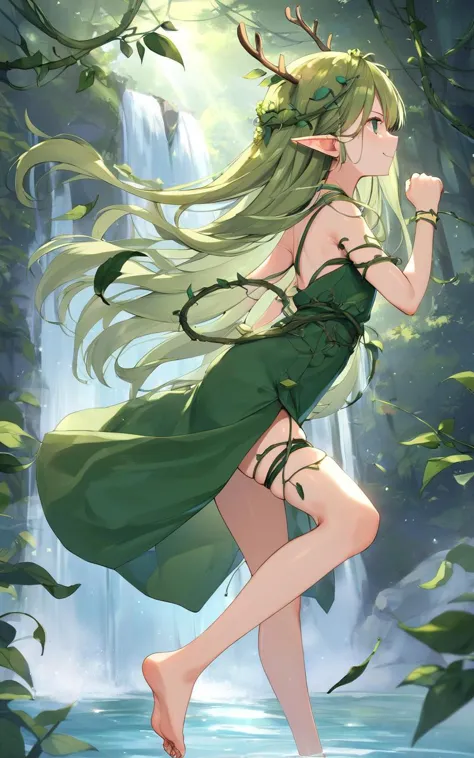 waterfall, river, anime color, 1girl, young , small beasts , skindentation, forest spirit, lop-eared mini pointy ears,  flower Branch crown , short antlers, body vines strap, thigh vines strap, arm vines strap, green eyes, light green hair, very long hair, faux hawk hair, shaved sidelocks, hair pulled back, braided hair, floating hair, vines, deep green leaf dress leaf arms cover, burgundy fingernails, , smile, +++ paw pose ,bare legs soles focus, looking afar, Profile Shot, contrapposto, dynamic pose, cinematic lighting, dew between the grasses, forest, , , floating hair, florting leaves blooma, daytime, strong light, glare, coming in light, rays light, sparkles, lens flare, caustics, golden hour, score_9, score_7_up, source_anime