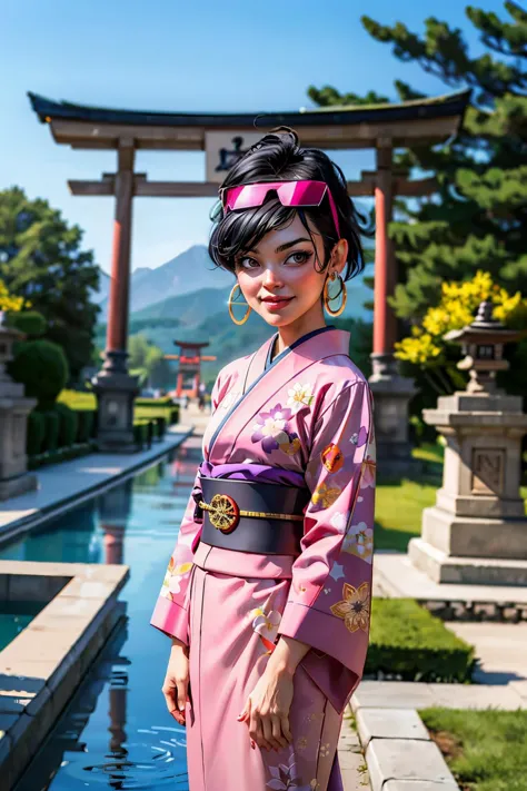 jubilee, short black hair, purple shades on head, hoop earrings, traditional kimono, sash, long sleeves, looking at viewer, seri...