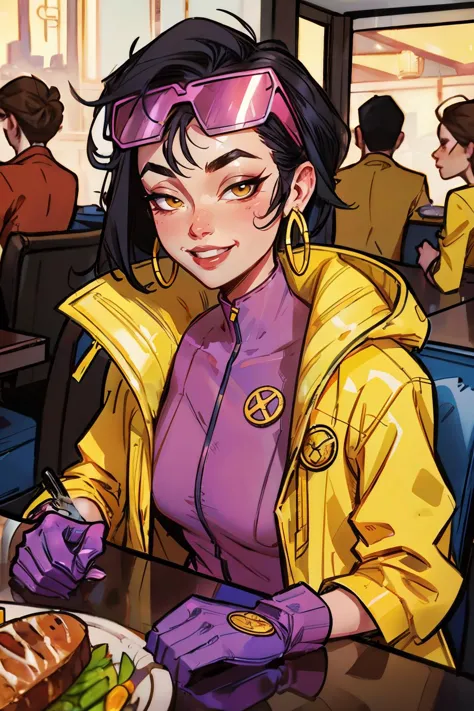 jubilee, short black hair, brown eyes, purple shades on head, hoop earrings,open yellow jacket,blue gloves, pin shirt, looking a...