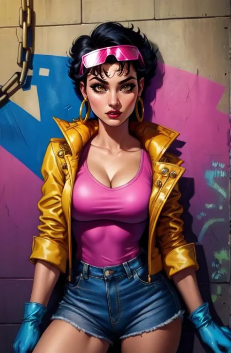 Jubilee,short black hair, brown eyes, solo, standing,  cowboy shot, 
denim shorts , open yellow jacket, purple shades on head, hoop earrings ,blue gloves, pink shirt, blue gloves, 
streets, chain fence, wall with graffiti, retro, cleavage,  
 (insanely det...