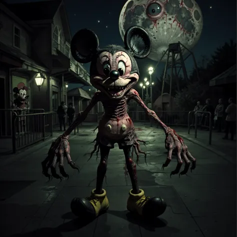 <lora:mickey mouse:0.2>, <lora:more_details:0.7>,  <lora:UnsettlingImages:0.5>, Found Footage, Creepy, monster, Mickey Mouse, in amusement park, at night, moon light, blood, evil eyes, sharp teeth, claws, elongated limbs