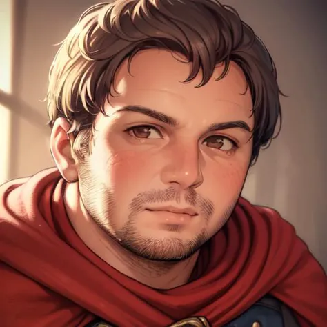 1boy, man, solo, jchk, portrait, looking at the viewer, red cape, male focus,( stubble:1.2), chubby, focus on face, close up, <lora:Jean-Christophe_Hembert_-_Karadoc_Kaamelott:1>