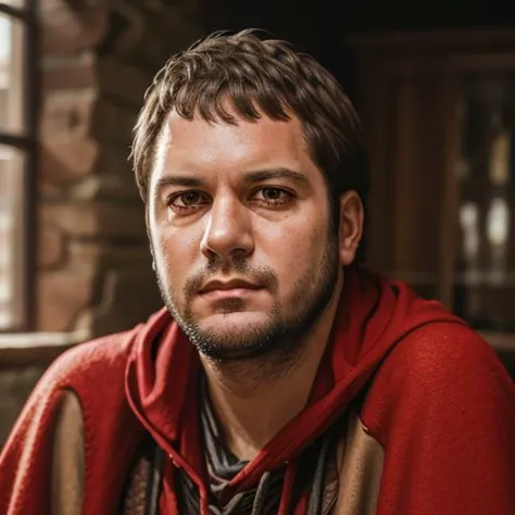 a close up of a man in a red jacket and a red cape