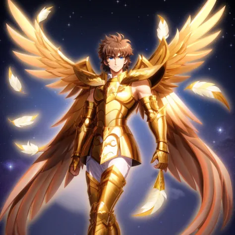 <lora:SagittariusArmor:0.6>, SagittariusArmor, gold armor, Henry Cavil as 1boy, male focus, solo, armor, brown hair, blue eyes, feathers, star (sky), long wings, starry sky, looking at viewer, armor, short hair, closed mouth, feathered gold wings, 1980s (style), upper body, retro artstyle, serious, red ribbon,