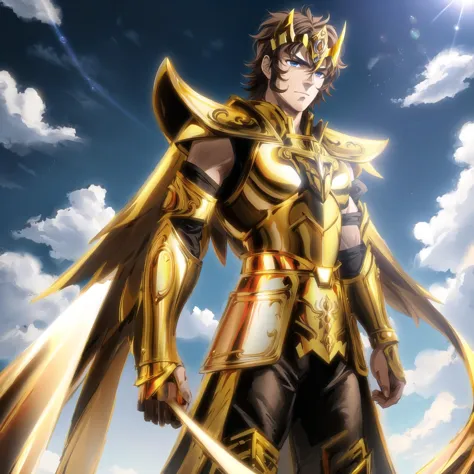 <lora:SagittariusArmor:0.6>, SagittariusArmor, gold armor, Henry Cavil as 1boy,  armor, brown hair, blue eyes, long gold wings, ...