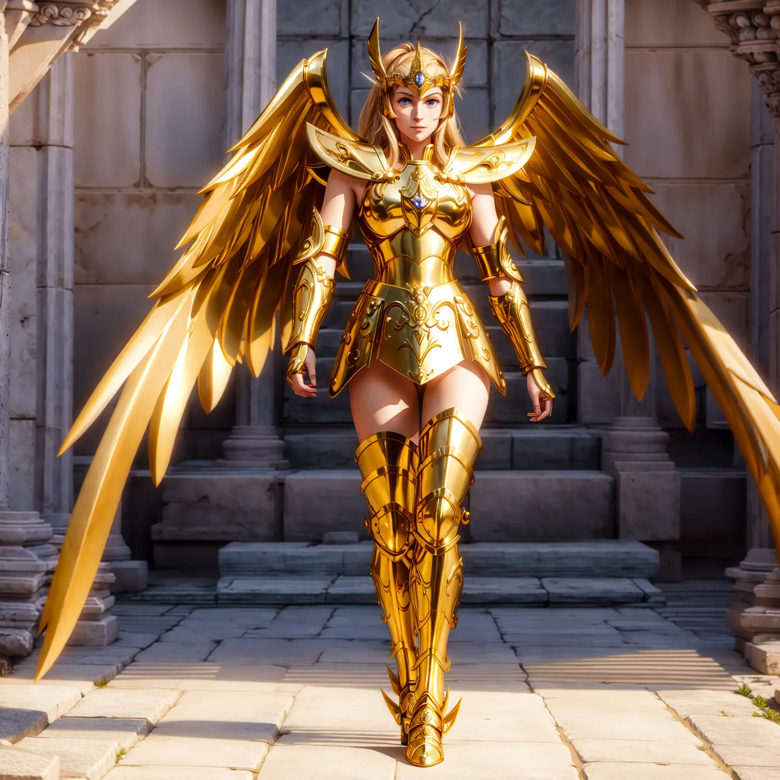 masterpiece, best quality, masterpiece, detailed face, detailed eyes, full body,  1girl, SagittariusArmor, female armor, long  golden wings,  walking on the ancient greek battlefields, nsfw, sexy, (8k, RAW photo, best quality, masterpiece:1.2), solo focus, mgq_valkyrie, wings, sky,