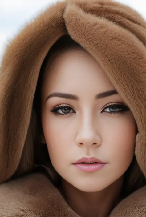 a close up of a woman wearing a fur coat and a hood