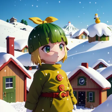 _modelshoot style, banchan is happily building a snowman with olive eyes, single house background, snowy mountains background, s...