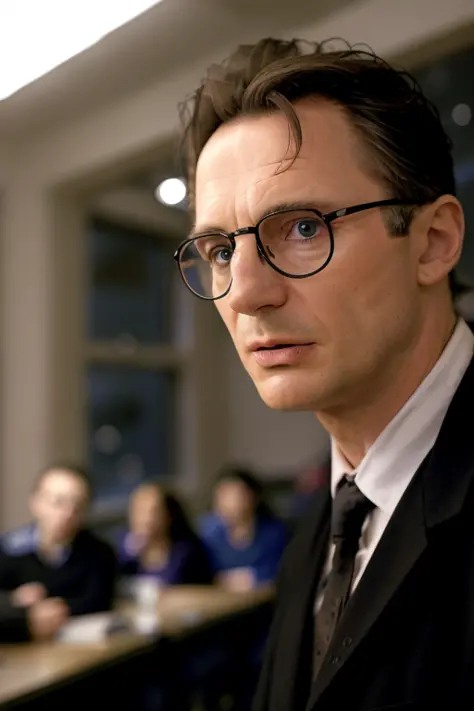 RAW 4k photo of a man glasses, standing at front of class, teaching in classroom, (ominous lighting), midnight, bokeh