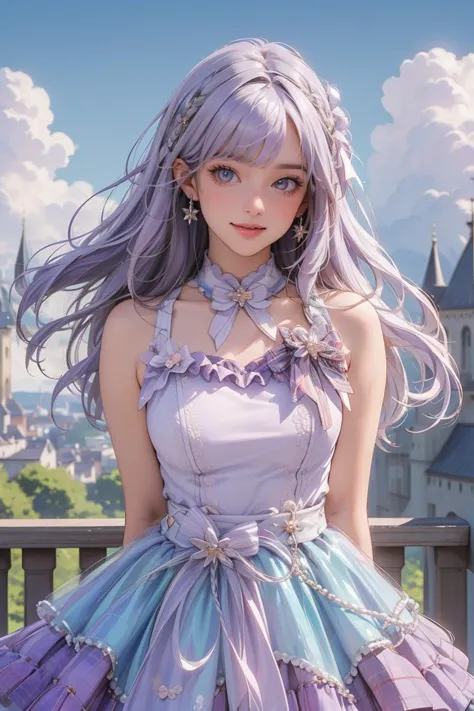 (masterpiece, best quality, beautiful and aesthetic:1.3), upper body, closeup portrait, looking at viewer, 1girl, solo, light smile, (light purple hair:1.3), long hair, idol_costume, standing, arms behind back, shiny skin, beautiful face, beautiful eyes, outdoors, castle, blue sky, clouds, extreme detailed, official art, professional illustration, hires, 