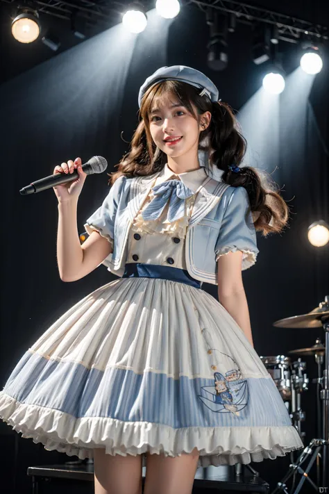 best quality,masterpiece,realistic,photorealistic,1girl,solo,looking at viewer,smile,standing,twintails,black hair,long hair,cowboy shot,dynamic pose,idol clothes,dress,collared dress,jacket,cropped jacket,short sleeves,bowtie,bow,buttons,hat,beret,holding microphone,singing,idol,stage,stage in the backgorund,stage lighting,stage spotlight,detailed background,audience,people,<lora:idol_costume_style10_v1:0.7>,<lora:Background_Detail_v3:1.5>,