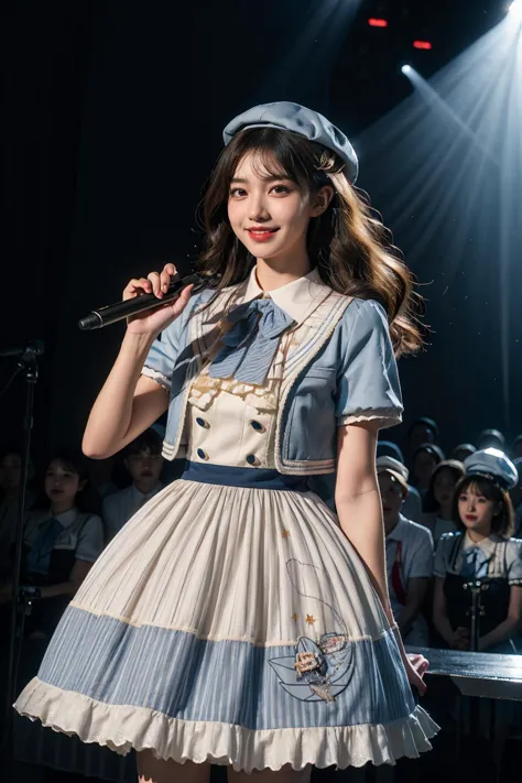 best quality,masterpiece,realistic,photorealistic,1girl,solo,looking at viewer,smile,standing,black hair,long hair,cowboy shot,dynamic pose,idol clothes,dress,collared dress,jacket,cropped jacket,short sleeves,bowtie,bow,buttons,hat,beret,stage,stage in the backgorund,stage lighting,stage spotlight,detailed background,audience,people,