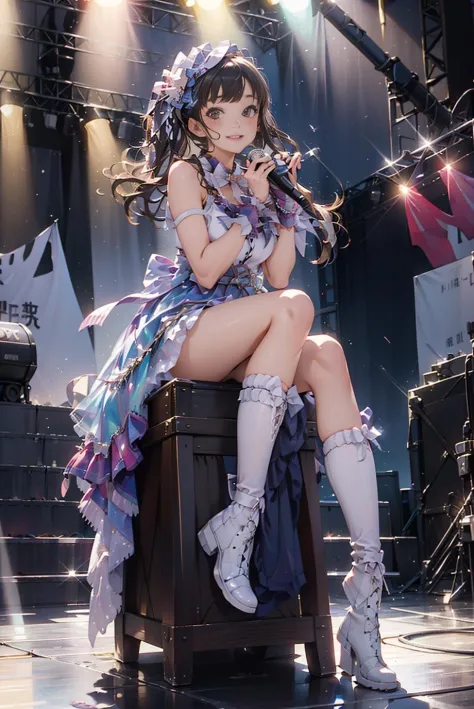 masterpiece, best quality, idol_costume, white knee boots, 1girl, solo, smile, idol, full body, looking at viewer, long black hair, sitting on stage, stage lighting, stage spotlight, detailed background, holding microphone, audience, 